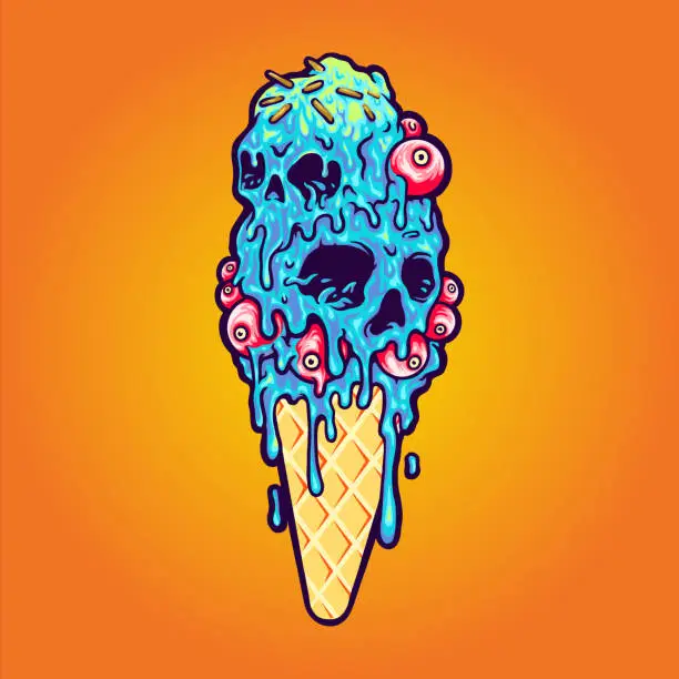 Vector illustration of Ice Scream Cone Skull Melting Vector illustrations for your work Logo, mascot merchandise t-shirt, stickers and Label designs, poster, greeting cards advertising business company or brands.