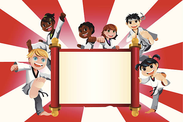 Karate kids banner A vector illustration of a banner with kids practicing karate karate stock illustrations