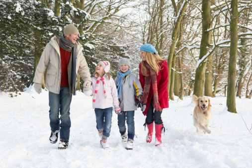 Family Walking Dog Through Snowy Woodland Laughing Together