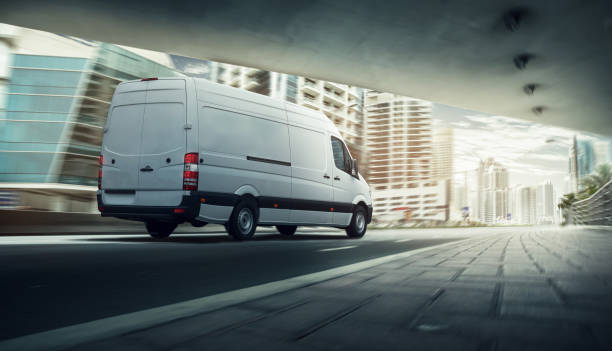 istock Delivery van delivers in a city 1342174024