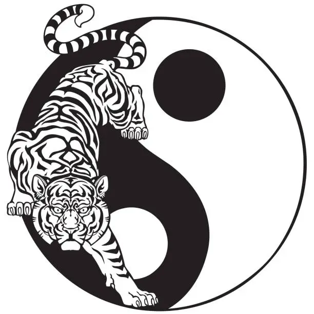 Vector illustration of Tiger in the yin yang symbol. Black andd white