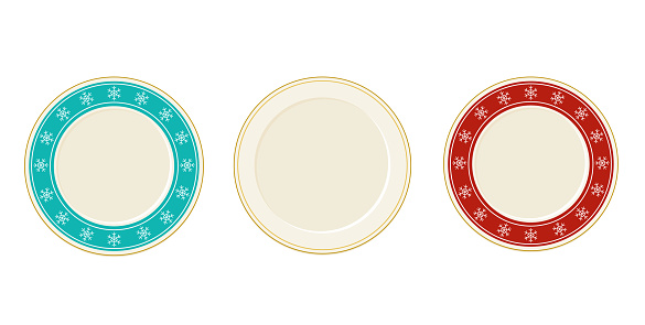 Empty Christmas vector plates set in cartoon style top view with snowflakes. Tableware design elements