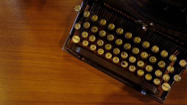 istock Old typewriter , space top wood table 1342175623