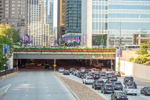 Chicago, IL - September 16, 2021: The Randolph Street bridge downtown, in the Loop, with a throng of cars in traffic.