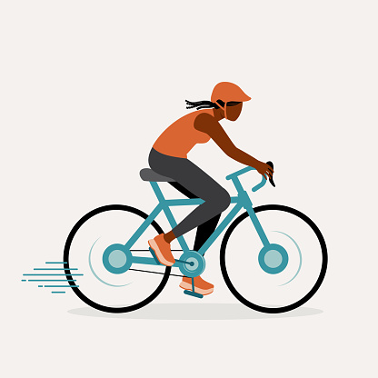 Young Female African Athlete With Cycling Helmet Riding On Racing Bike. Full Length, Isolated On Solid Color Background. Vector, Illustration, Flat Design, Character.