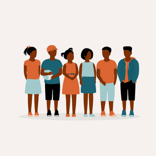 Group Of Black Children Standing Together. Portrait Of African Children Standing Together. Full Length, Isolated On Solid Color Background. Vector, Illustration, Flat Design, Character. junior high age stock illustrations