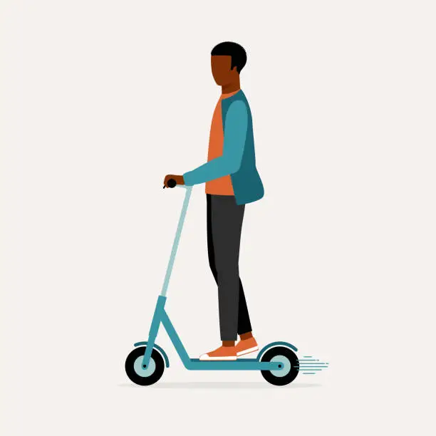 Vector illustration of Young Black Man Riding An Electric Scooter. Eco-Friendly Transportation. E-Scooter. Micromobility.