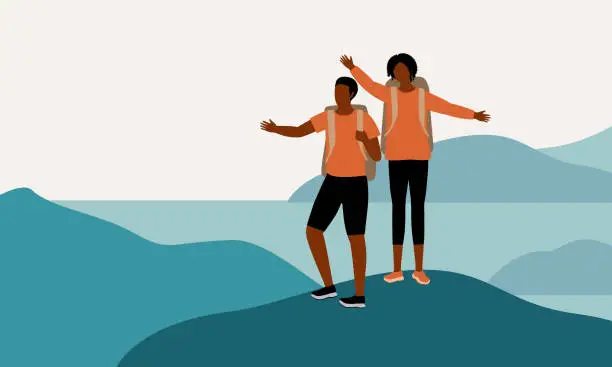 Vector illustration of Black Couple Standing On Top Of The Mountain Peak With Arms Raised.