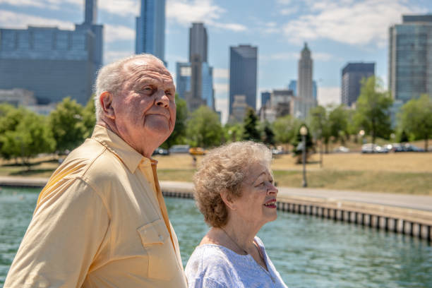 beautiful senior couple exploring the Lakefront Trail in Chicago stock photo