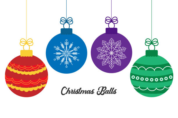 ilustraciones, imágenes clip art, dibujos animados e iconos de stock de bolas de colores navideños que cuelgan adornos - adorno de navidad
