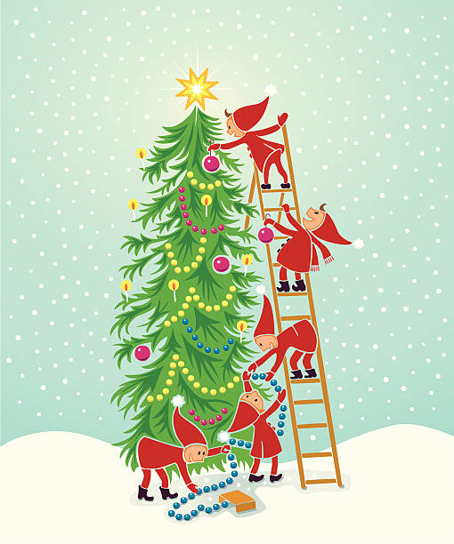 5 cute elves decorating the christmas tree