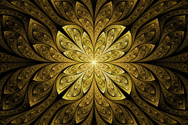 istock Computer generated abstract illustration Beautiful fractal Golden flower wall  pattern, Kaleidoscope design background, Abstract Concept Unique Mandala Kaleidoscopic creative inimitable graphic design 1342188305