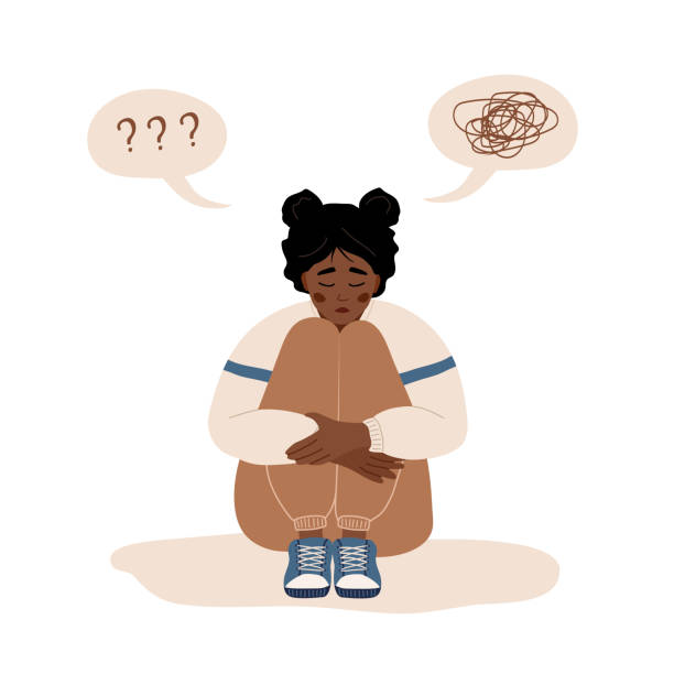 メンタルヘルスの概念。孤独なアフリカの女性が床に座って膝を抱きしめる。うつ病のティーンエイジャーは心理的な助けを必要とします。気分障害。漫画スタイルのベクターイラスト - 憂鬱点のイラスト素材／クリップアート素材／マンガ素材／アイコン素材