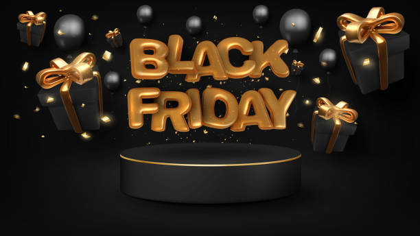 istock Black friday sale banner background, realistic podium and 3d gold lettering luxury and balloons, ribbon element, billboard scene design. vector illustration. 1342189114
