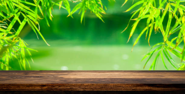 istock Empty wooden table top with blurred green bamboo in background. 1342191231