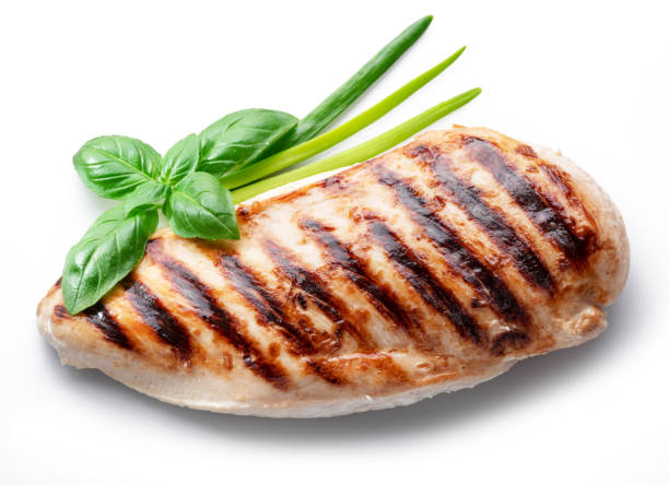istock Grilled chicken fillet isolated on white background. 1342192941