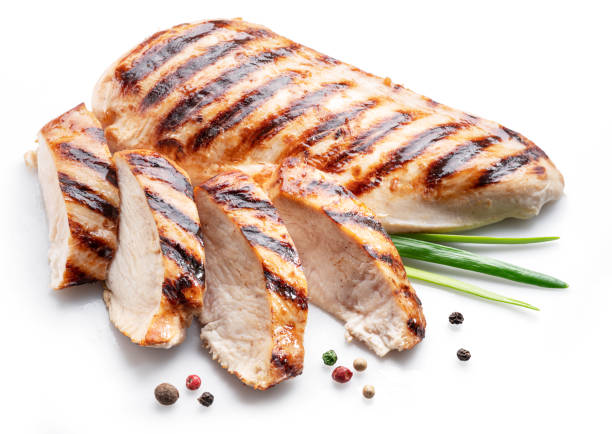 istock Grilled chicken fillet with herbs isolated on white background. 1342192946