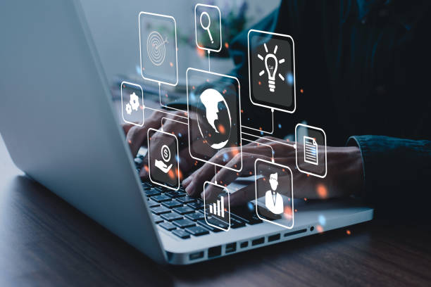 istock Businessman using on laptop computer in office with virtual interface icons network diagram and digital marketing, Financial and banking, Digital link tech, big data. 1342194578