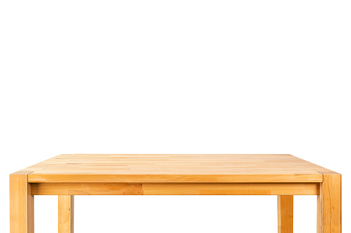 Empty wooden table isolated on white background.