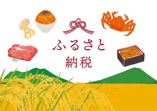 ilustrações, clipart, desenhos animados e ícones de ilustração de imagem do programa de doação de impostos da cidade natal/ tradução japonesa é "programa de doação de impostos da cidade natal" - rice white rice backgrounds cereal plant