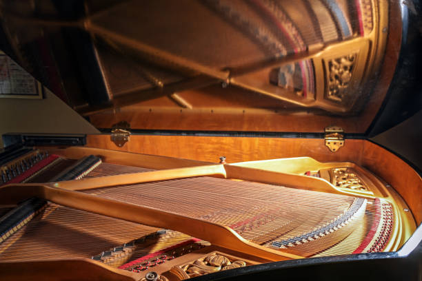inside a grand piano with mirroring of frames and strings in the open lid of the musical instrument, concept for music, art and entertainment, selected focus - piano interior imagens e fotografias de stock