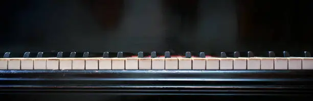 Keyboard of an old grand piano with white and black keys from ivory and ebony, panoramic format with copy space, selected focus