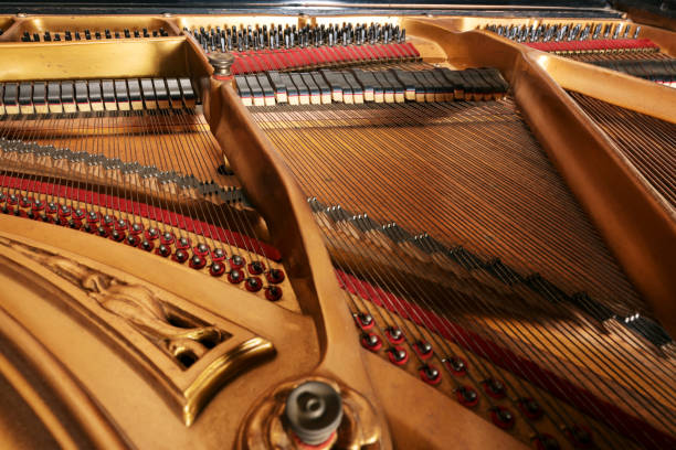 istock Inside an older grand piano with golden painted metal frame, strings, hammer, damper and red felt, showing the mechanics of the acoustic musical instrument, selected focus 1342195785