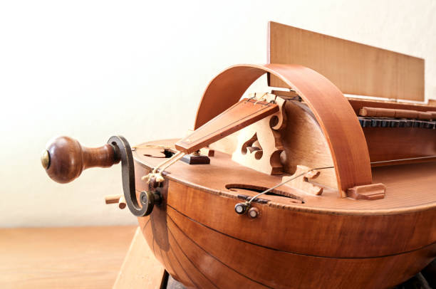 Front of a Hurdy-gurdy, historic musical instrument with strings, keys and crank handle, often used for medieval music Front of a Hurdy-gurdy, historic musical instrument with strings, keys and crank handle, often used for medieval music, selected focus, hurdy gurdy stock pictures, royalty-free photos & images