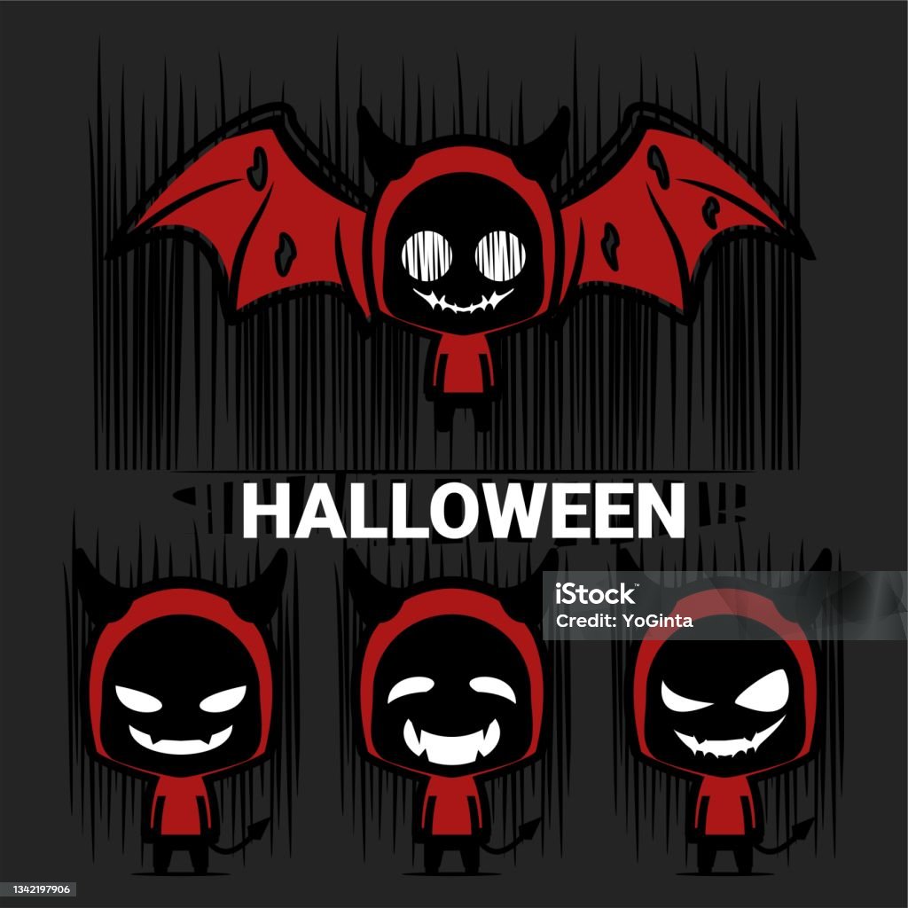 Set Of Cute Spooky Red Devil Cartoon Character Stock Illustration -  Download Image Now - Anger, Cartoon, Cheerful - iStock