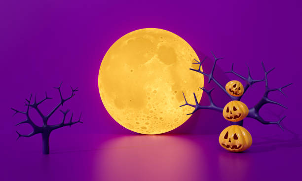 halloweenowe tło abstrakcyjne z dynią i ciemnym światłem księżyca. cmentarz w nocy. urocza ilustracja do renderowania 3d dla plakatu imprezowego poziomego banera, projekt karty uroczystości. - abstract creativity autumn backdrop zdjęcia i obrazy z banku zdjęć