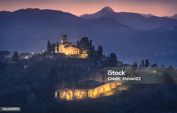 Barga Town And Alpi Apuane Mountains In Winter Garfagnana Tuscany Italy Stock Photo - Download Image Now