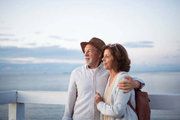 istock Happy senior couple hugging outdoors on pier by sea, looking at view. 1342201211