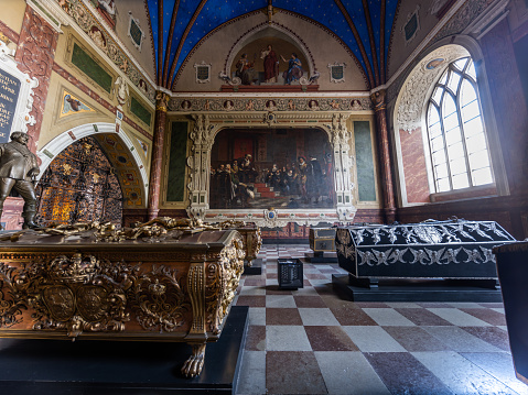King Christian IV's burial chapel in Roskilde Cathedral.\nRoskilde Cathedral was opened in 1175 when Denmark was still catholic. With the reformation in 1536 Denmark became protestant. Most Danish kings and queens are buried in the cathedral, which is on the UNESCO World Heritage list.