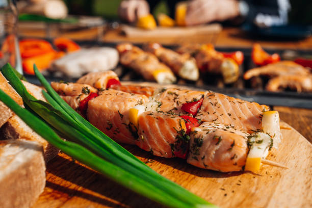 istock Delicious grilled salmon in the open air 1342205340