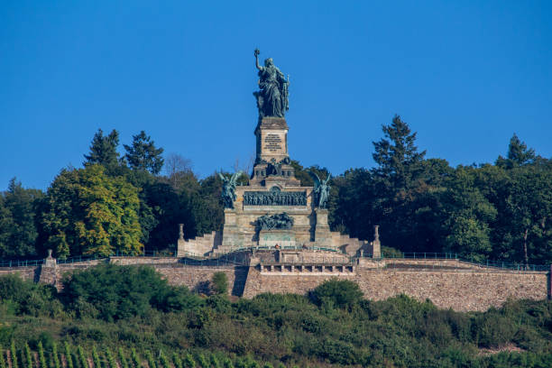 Rüdesheim, Germany - September 3, 2021: Close-up view of the Niederwald Monument in the Rhine Gorge, a UNESCO World Heritage site along the middle Rhine River.