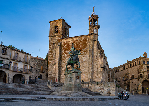 Trujillo, Spain - November 11, 2020: San Martin Church at the Plaza Mayor, Main Square of Trujillo. A small medieval town, birthplace of the Conquistador Francisco Pizarro in western Spain.