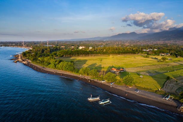 paisagem aérea do campo de lovina no norte de bali indonésia - indonesia bali fishing boat indian ocean - fotografias e filmes do acervo