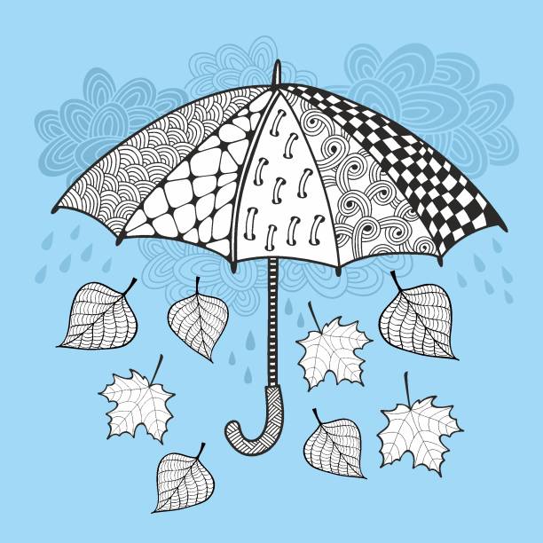 Umbrella and autumn falling leaves. Umbrella and autumn falling leaves. Vetor doodle print. acero stock illustrations