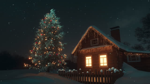 A Christmas perfect winter fairy-tale landscape, far away in the wild forest of Scandinavia. Wooden snow-covered house of Santa Claus next to it is a large magic fir tree decorated with toys and garlands. The lights are on in Santa Claus ' house, smoke is coming out of the chimney, he is not sleeping and is preparing to start his Christmas adventure.