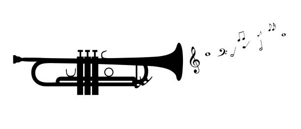 ilustraciones, imágenes clip art, dibujos animados e iconos de stock de silueta de trompeta con notas voladoras - ilustración vectorial negra - aislado sobre fondo blanco - bugle