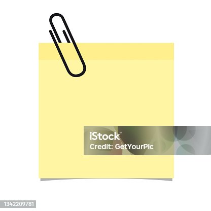 istock Yellow Stick Note With Paperclip On White Background - Vector Illustration 1342209781