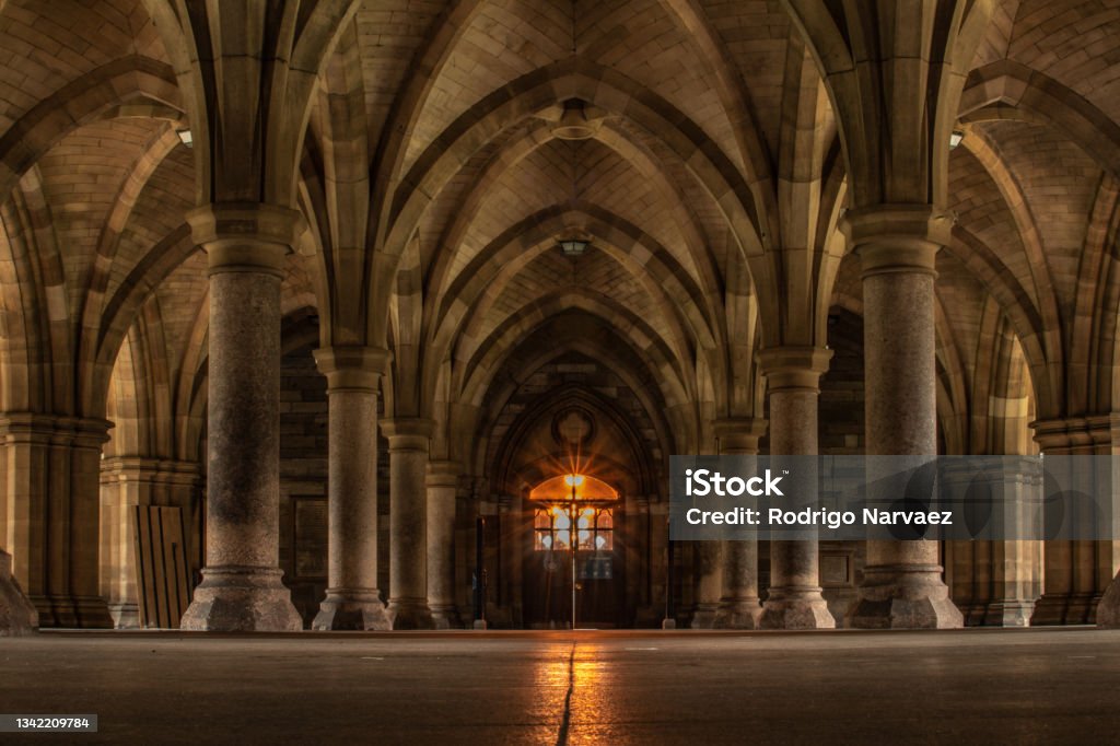 Glasgow University Cloisters High Resolution Scottish uni with Gothic architecture Hogwarts School of Witchcraft and Wizardry Stock Photo