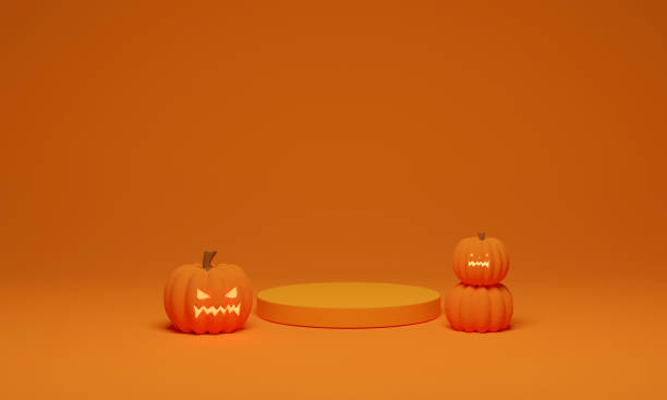istock 3D rendering. Pumpkin and podium minimal scene for Halloween background. 1342209985