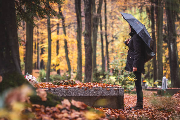 Silent grief in graveyard Lone sad woman mourning for dead person at grave in cemetery. Mourner with umbrella in rain Funeral stock pictures, royalty-free photos & images