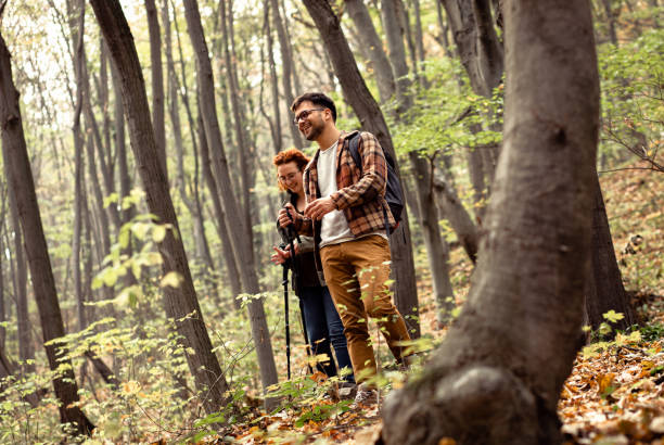 istock Young couple with backpack hiking in forest. 1342211304