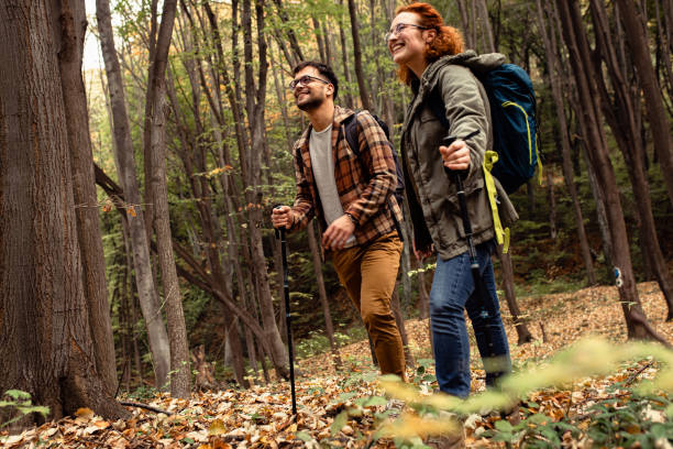 istock Young couple with backpack hiking in forest. 1342212066
