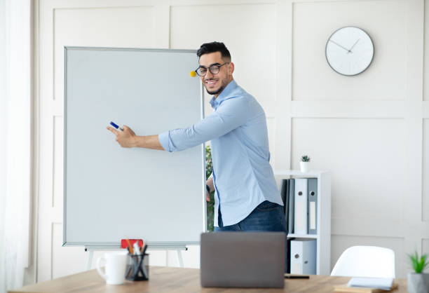 istock Confident Arab male tutor pointing at empty blackboard with mockup for design, giving web lesson on laptop from home 1342212068