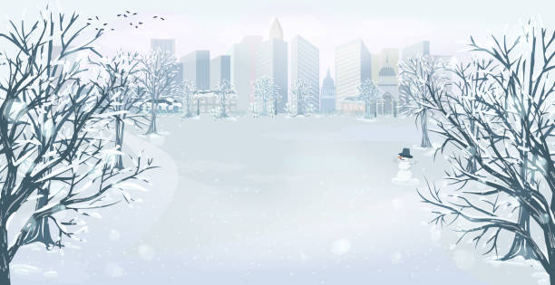 panorama des winterparks und blick auf die stadt. landschaft mit bäumen im schnee, einem schneemann und stadtgebäuden am horizont. vektorillustration mit platz für text. - snow park road cold stock-grafiken, -clipart, -cartoons und -symbole
