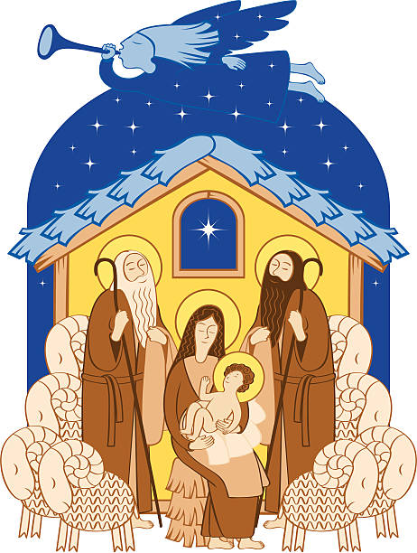 Vohvov worship on Christmas night Wise Men, Jesus, Mary and the angel in the night sky shepherd sheep lamb bible stock illustrations