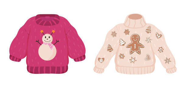 ilustraciones, imágenes clip art, dibujos animados e iconos de stock de suéteres feos vectoriales listos para la fiesta de navidad. - ugliness sweater kitsch holiday